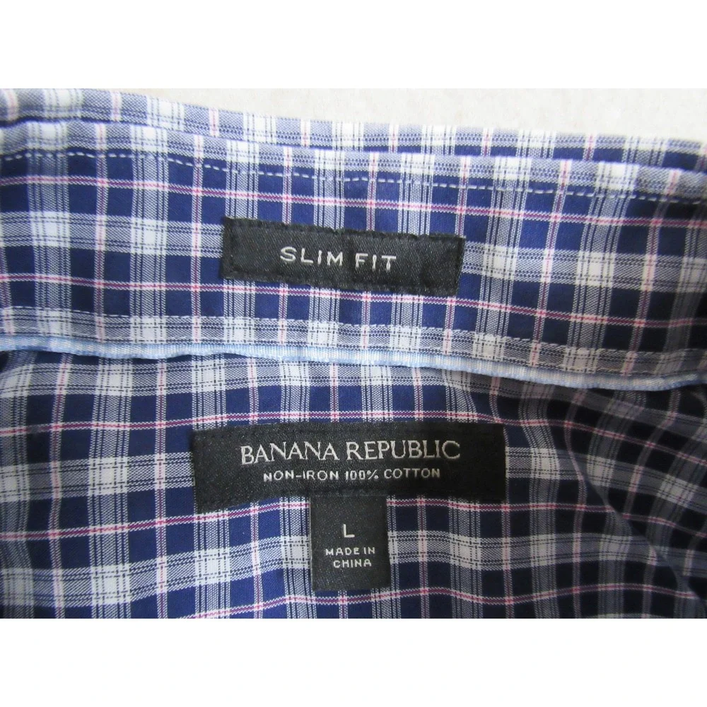 Banana Republic Mens Slim Fit Non-Iron Plaid Button Down Shirt Navy Blue Large